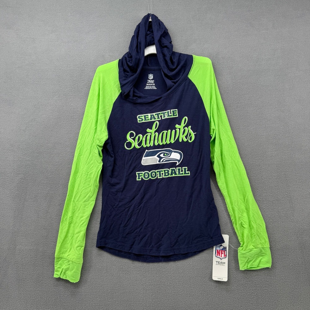 NFL Seattle Seahawks Girls Hoodie Navy Green Raglan Long Sleeve Shirt Size M 7/8